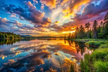 Obraz premium Majestic sunset over tranquil lake reflecting vibrant colors of nature in serene wilderness landscape