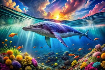Obraz premium Majestic Whale Swimming Gracefully Underwater in a Vibrant Ocean Environment Full of Life