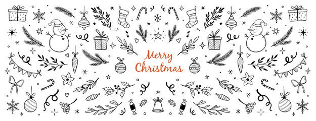 Christmas drawn holly line decor, pine branch, snowflake background. Hand drawn doodle sketch holly floral, christmas tree leaves, winter pine. Holiday ornament sketch doodle. Vector illustration © Polina Tomtosova