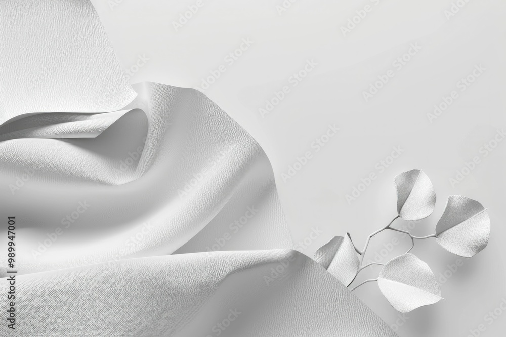 Poster white fabric with soft folds and a delicate leaf branch, creating a serene and minimalist atmosphere
