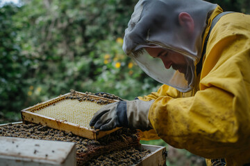 A Beekeeper Carefully Removing a Frame from a Beehive, Checking for Honey and Brood: Nurturing the Colony