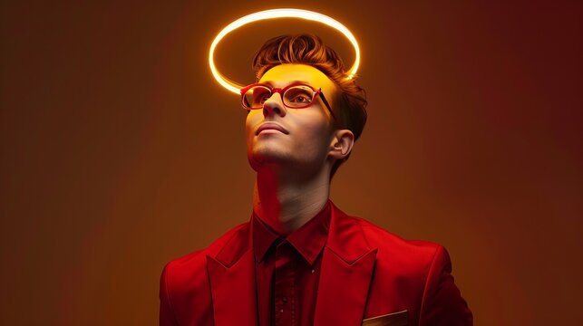 Arrogant young man in extravagant crimson suit with golden accents, exuding confidence and superiority, gazes imperiously upward beneath a radiant halo