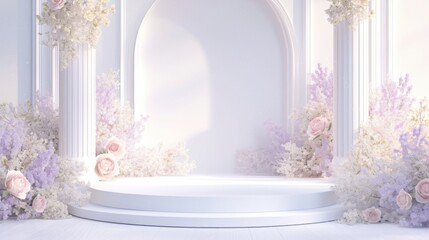 A white podium decorated with beautiful pastel-toned flowers is perfect for displaying products and helping with various media designs.