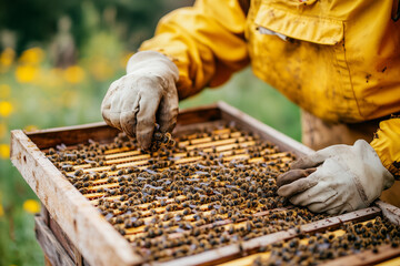 A Beekeeper Carefully Removing a Frame from a Beehive for Inspection: Maintaining the Health of the Colony