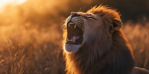 Majestic lion roaring in golden grass
