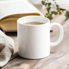 Coffee mug and book on wooden table