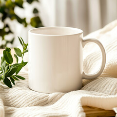 A white mug on a blanket with a plant