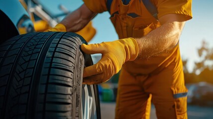 Fototapeta premium Close-up of a mechanic s hands lifting a brand-new tire onto a car, capturing the blend of skill and fresh beginnings