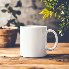 A white mug on a wooden table with a plant