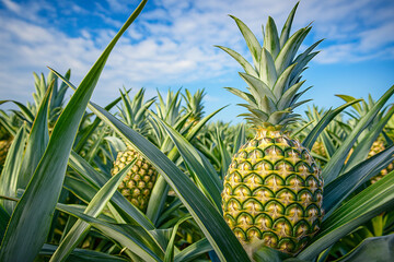 Ripe Pineapples Growing on the Plant in a Tropical Plantation: Juicy and Sweet, Straight from the Source
