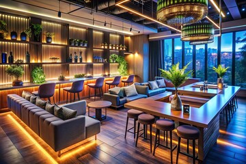 Fototapeta premium Modern lounge bar interior with stylish furniture, ambient lighting, and vibrant decor elements
