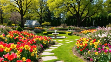 Landscaping images, garden with flowers, Beautiful Spring Garden with Flowering Pathway and Fountain