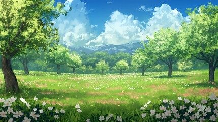 anime background of the white flower and green grass