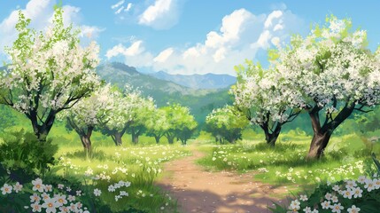 Fototapeta premium anime background of greenie field with white flowers