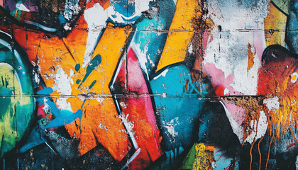 A graffiti-covered urban wall, showcasing vibrant colors, bold lines, and an edgy, artistic vibe