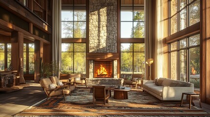A large living room with a fireplace and a lot of furniture