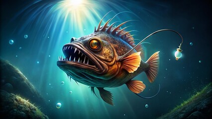 Mysterious Angler Fish Swimming in Deep Ocean Waters with Bioluminescent Lure and Unique Features