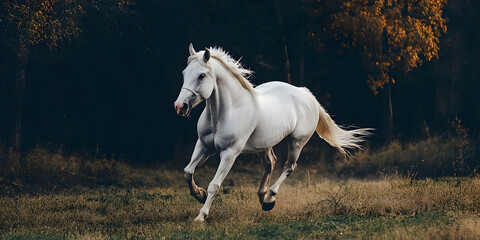 Fototapeta premium Majestic white horse galloping through serene field