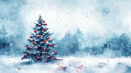 Obraz premium Christmas tree in a snowy landscape with red ornaments, peaceful winter scene, soft blue tones, serene atmosphere, perfect for holiday themes and festive celebrations, winter wonderland