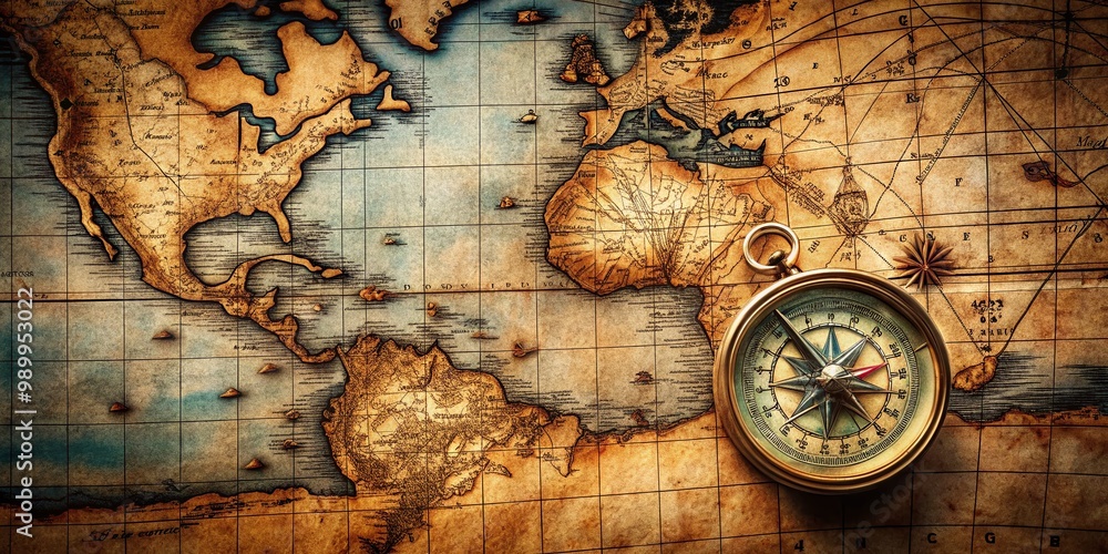 Poster mysterious bermuda triangle highlighted on a vintage nautical map with ocean background and compass