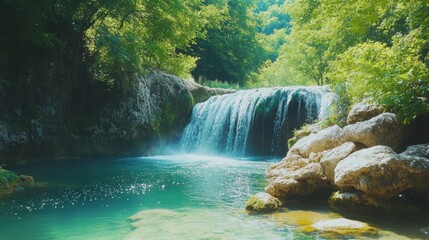 The gentle waterfall flows into a clear turquoise pool surrounded by lush green trees and large rocks under a bright, open sky