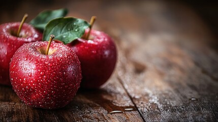 Shiny red apples with water droplets on a wooden surface, creating a luxurious and fresh scene with space for copy