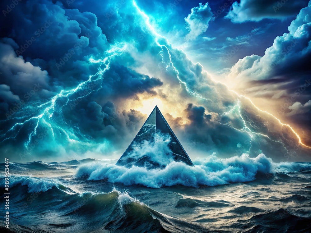 Aufkleber mysterious bermuda triangle with ominous clouds and turbulent ocean waves depicting danger and intri