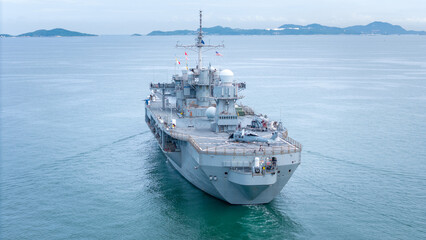 Nuclear war ship, Navy ship, Military navy carrier Helicopter. nuclear carrier running in the ocean.