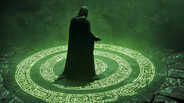 Sorcerer in a hooded cloak stands within a glowing circle, conjuring a spell with raised hands. Mystical energy surrounds the ritual, creating an atmosphere of dark enchantment