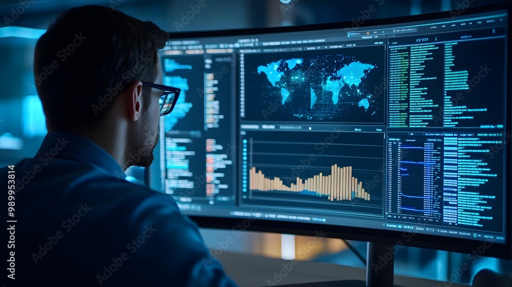 Poster a man focused on a computer screen with data visualization
