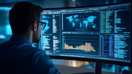 A Man Focused on a Computer Screen with Data Visualization