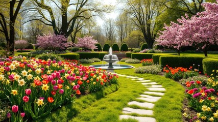 Fototapeta premium Landscaping images, garden with flowers, Beautiful Spring Garden with Flowering Pathway and Fountain