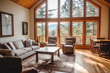 A large living room with a wooden floor and a wooden ceiling
