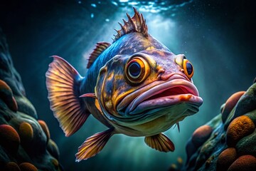 Fototapeta premium Mysterious Scary Deep Water Fish with Unique Features in Dark Ocean Environment Captivating Image