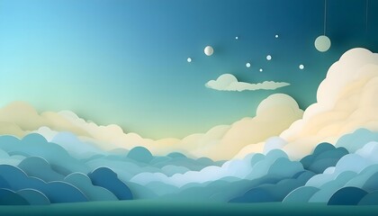 The sky background is filled with pastel fluffy clouds in a paper layer format.
