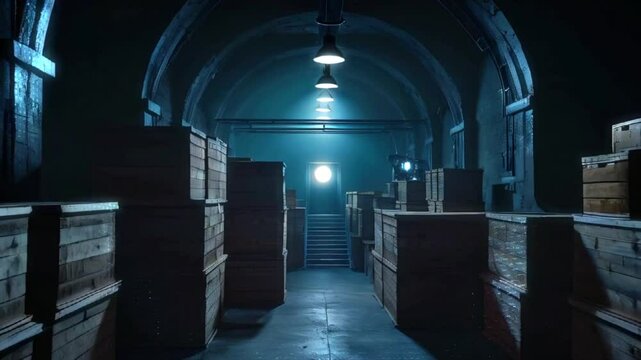 A dark and mysterious warehouse with wooden crates stacked high, lit by a single overhead light.