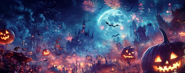 Enchanting Halloween carnival with mythical beings and a vibrant fireworks display.