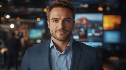 Fototapeta premium handsome TV anchor presenting live weather updates from the studio, delivering professional and engaging news on a well-known and popular television channel