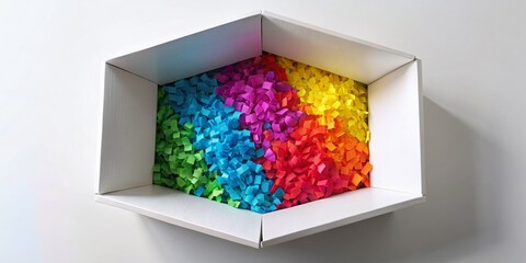 Open white box viewed from above, ideal for packaging, shipping, or creative presentations.