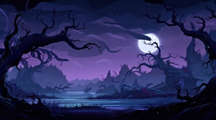 Fototapeta premium A Mysterious Nighttime Landscape with a Full Moon, Bare Trees, and a River