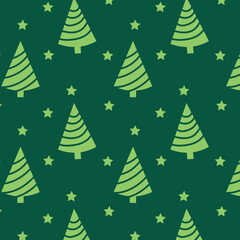 Obraz premium Christmas seamless pattern. Green colored christmas tree icons and stars on dark green background.