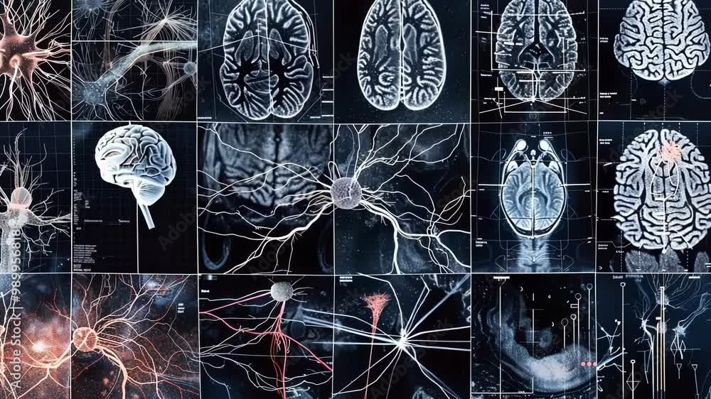 Poster multiple screens are showing brain scans and neuron connections, illustrating a concept of neurotech
