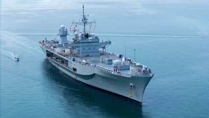 Nuclear war ship, Navy ship, Military navy carrier Helicopter. nuclear carrier running in the ocean.
