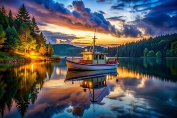 Obraz premium Peaceful Scene of a Tiny Fishing Boat Floating on Calm Waters Surrounded by Nature's Beauty