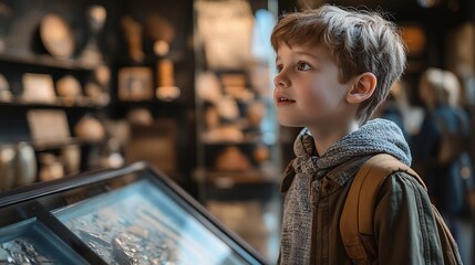 Obraz premium exploration of a historical museum by a young boy enchanted by artifacts that tell stories of the past, fueling his curiosity and love for history
