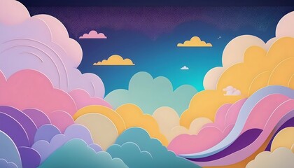 The sky background is filled with pastel fluffy clouds in a paper layer format.