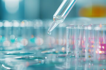 Pharmaceutical Innovation, Liquid drops from a pipette enter a test tube in a lab, highlighting the intricate process of drug research and development in pharmacology.