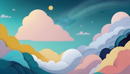 The sky background is filled with pastel fluffy clouds in a paper layer format.