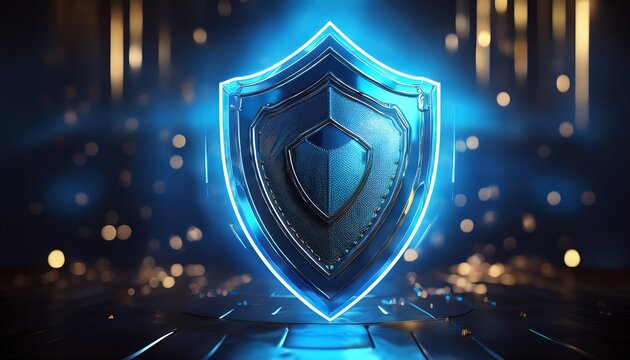 A blue, stylized shield symbolizing protection, security, and safety, set against a light blue background.