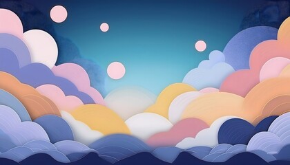 Fototapeta premium The sky background is filled with pastel fluffy clouds in a paper layer format.